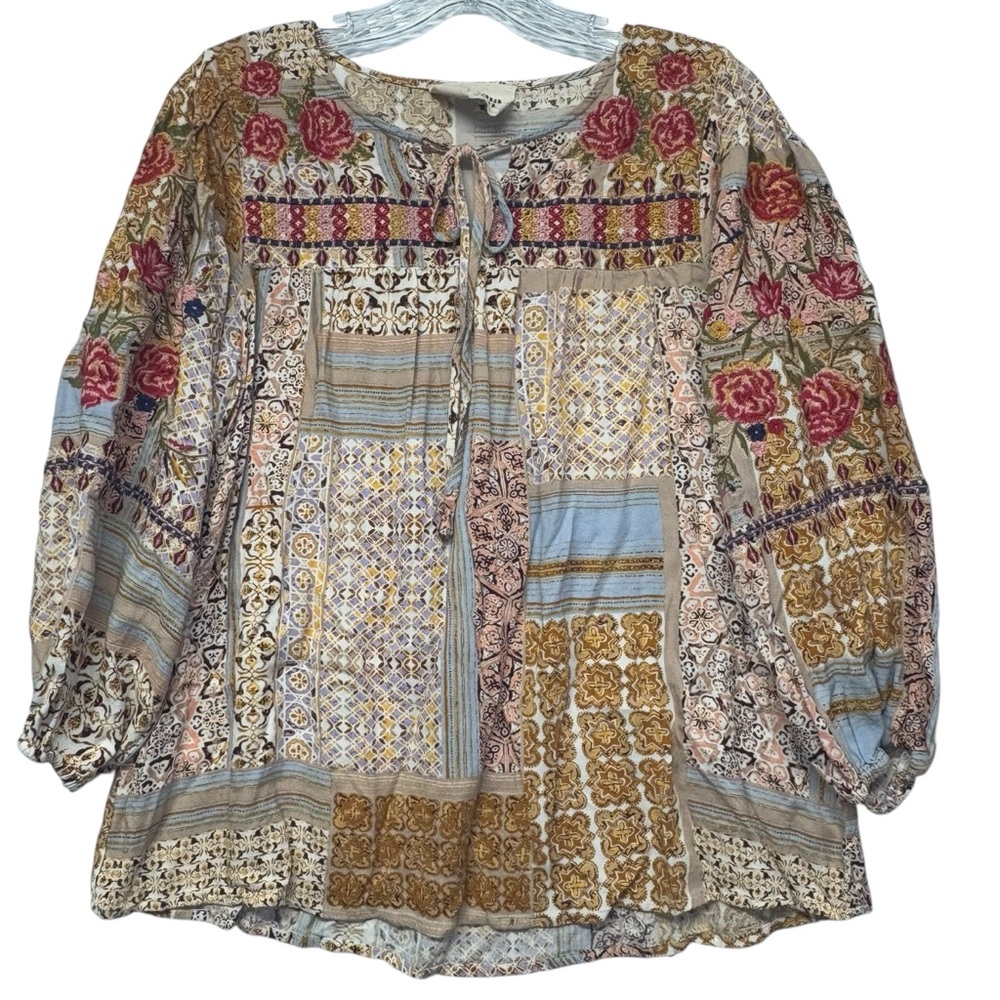 Savanna Jane Women's Boho Patchwork Embroidered Blouse‎ Top Peasant Size Small